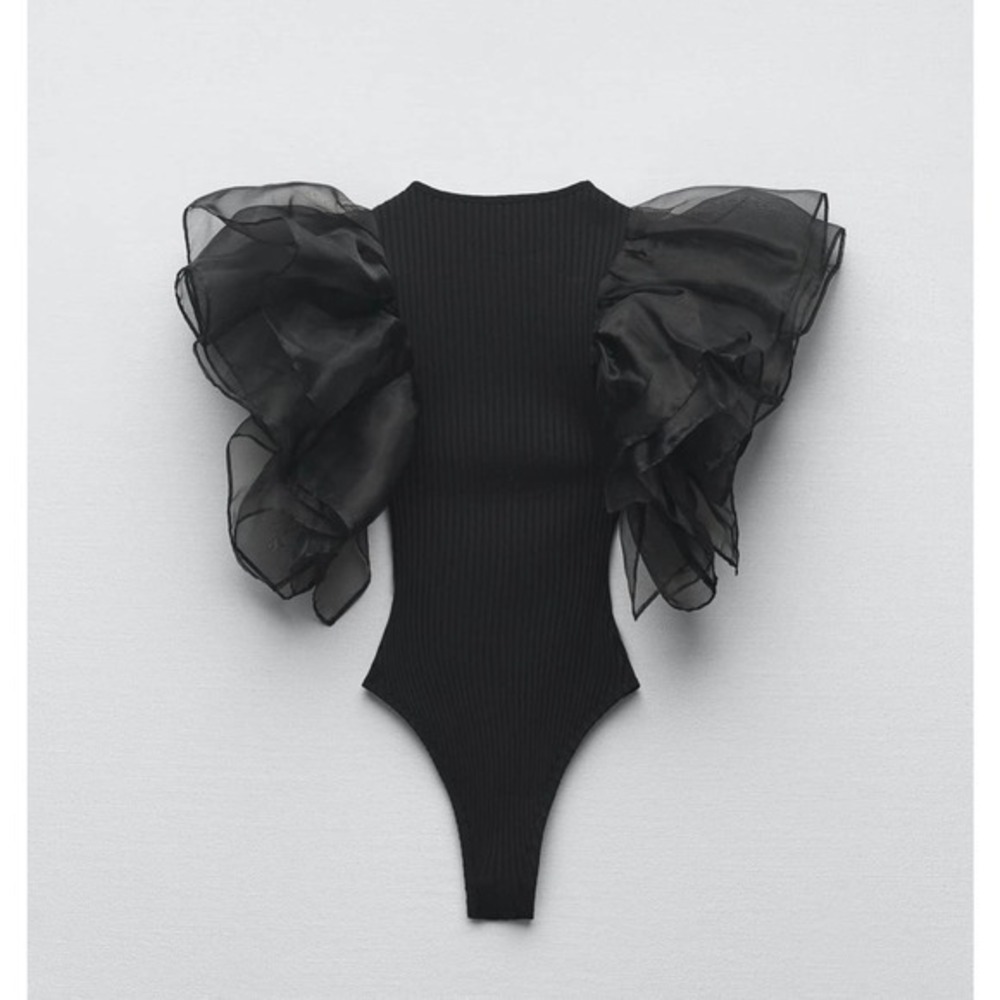 ZARA Organza ruffle rib bodysuit black 0858/330